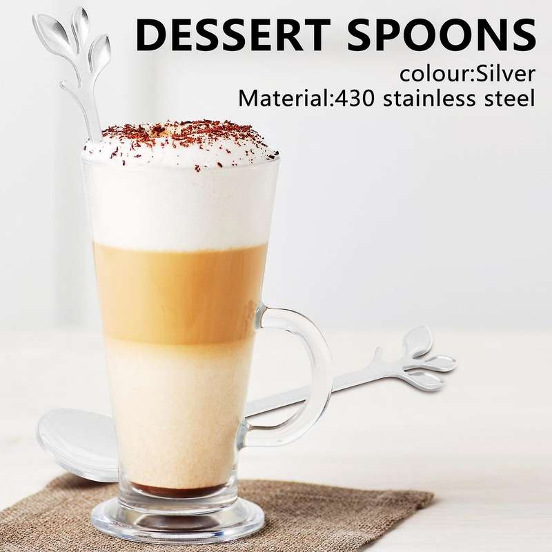 5spoon+5forks Stainless Steel Leaf Coffee Cake Spoon Fork Dessert Spoons, Stirring Teaspoon Set Sil