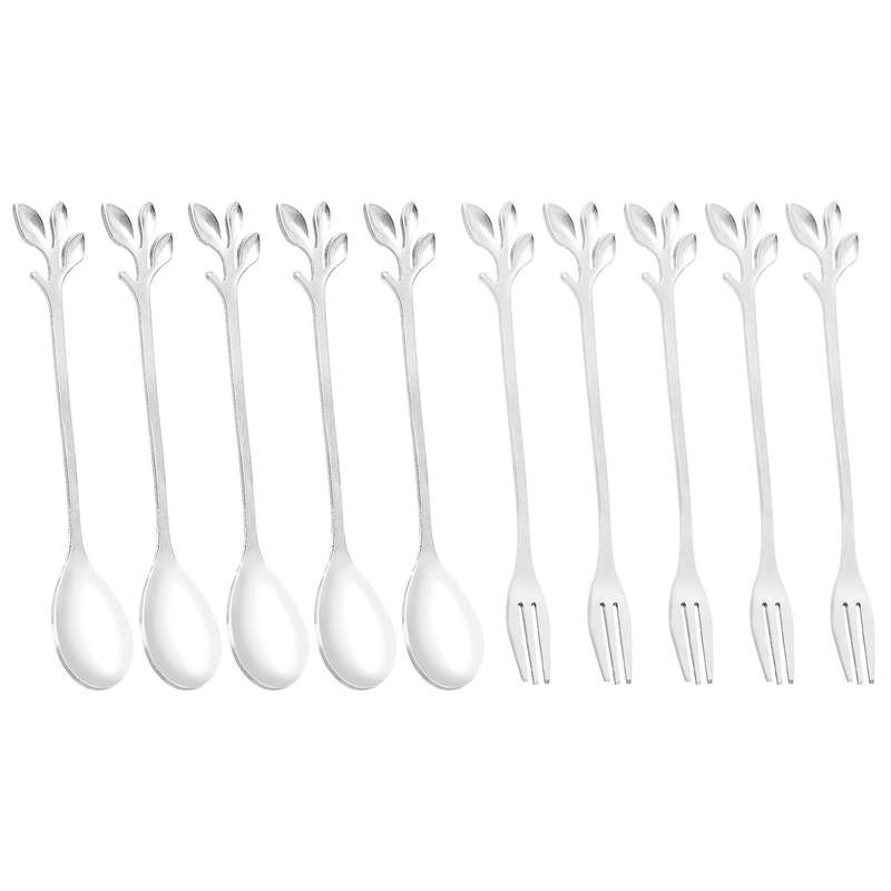5spoon+5forks Stainless Steel Leaf Coffee Cake Spoon Fork Dessert Spoons, Stirring Teaspoon Set Sil