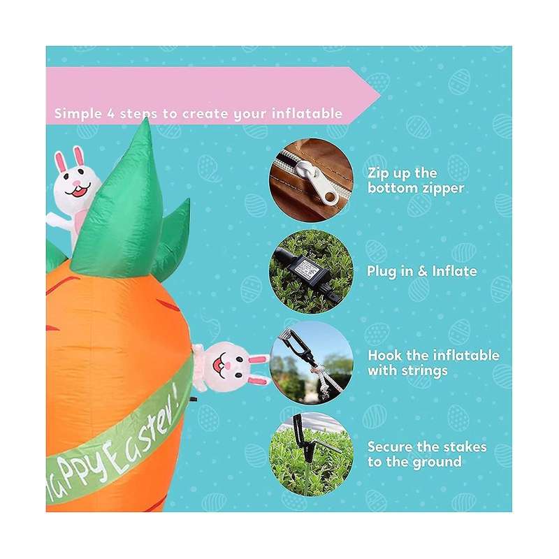 6 Ft Easter Inflatable Carrot and Bunny, Blow Up Easter Decoration with -in Led Lights for Easter P
