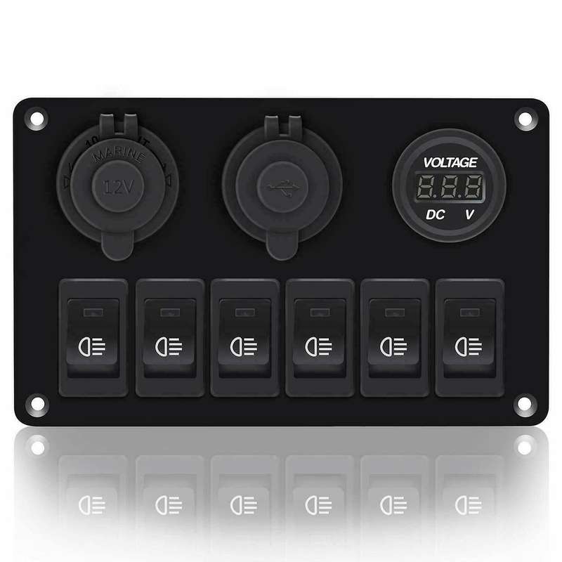 6 Gang Rocker Switch Panel ON/OFF Lights Dual USB Ports Car Marine Circuit Breaker DC 12V/24V LED Di