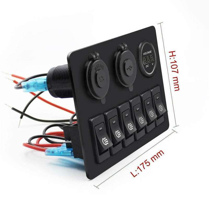 6 Gang Rocker Switch Panel ON/OFF Lights Dual USB Ports Car Marine Circuit Breaker DC 12V/24V LED Di