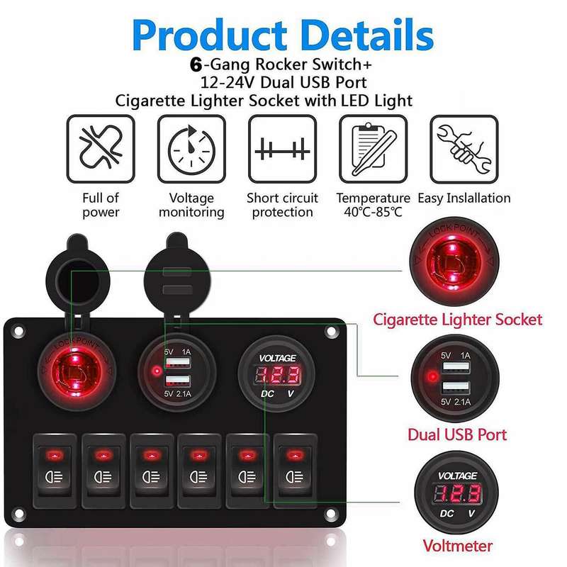 6 Gang Rocker Switch Panel ON/OFF Lights Dual USB Ports Car Marine Circuit Breaker DC 12V/24V LED Di