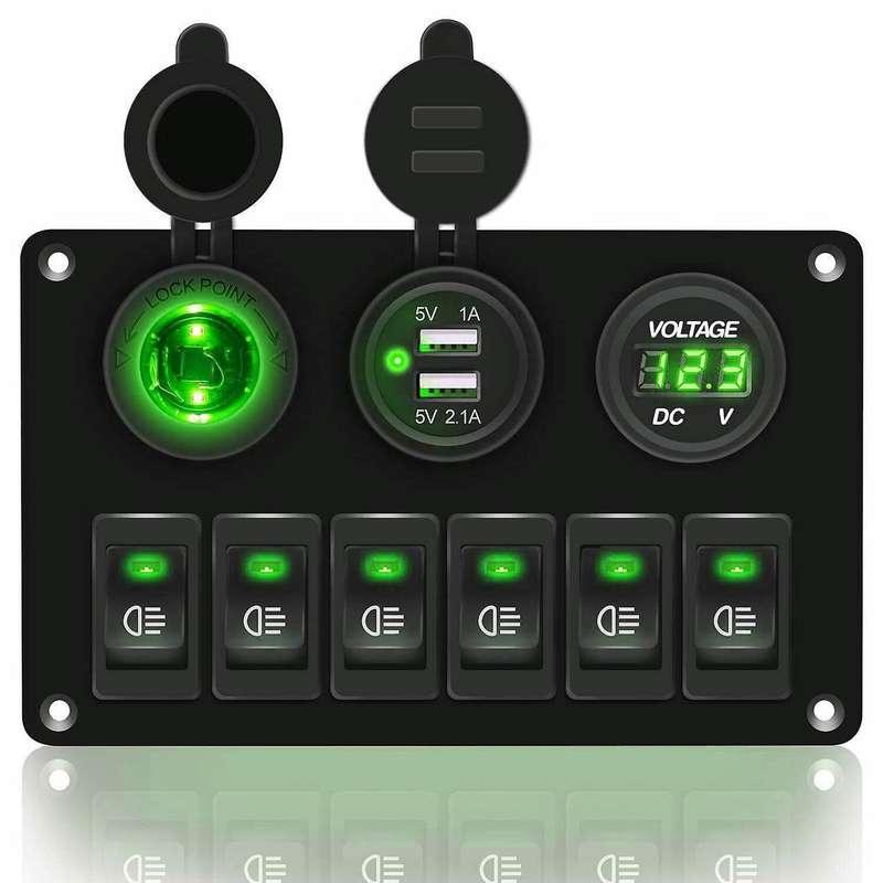 6 Gang Rocker Switch Panel ON/OFF Lights Dual USB Ports Car Marine Circuit Breaker DC 12V/24V LED Di