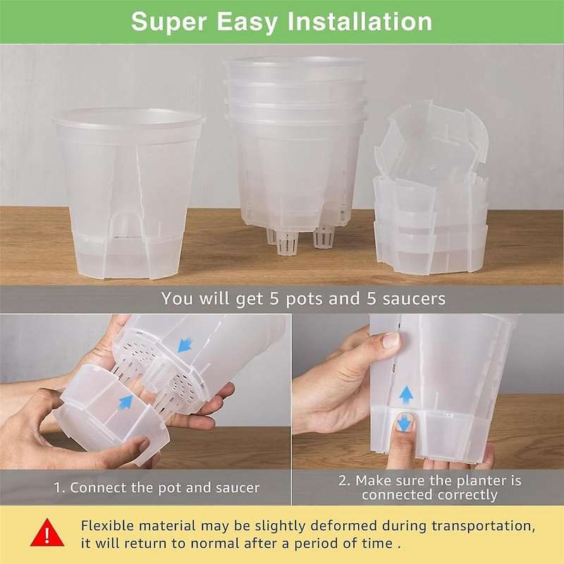 6 Inch Transparent Plastic Garden Pots Self Watering Planters, 5 Pack Plastic Nursery Plant Pots wit