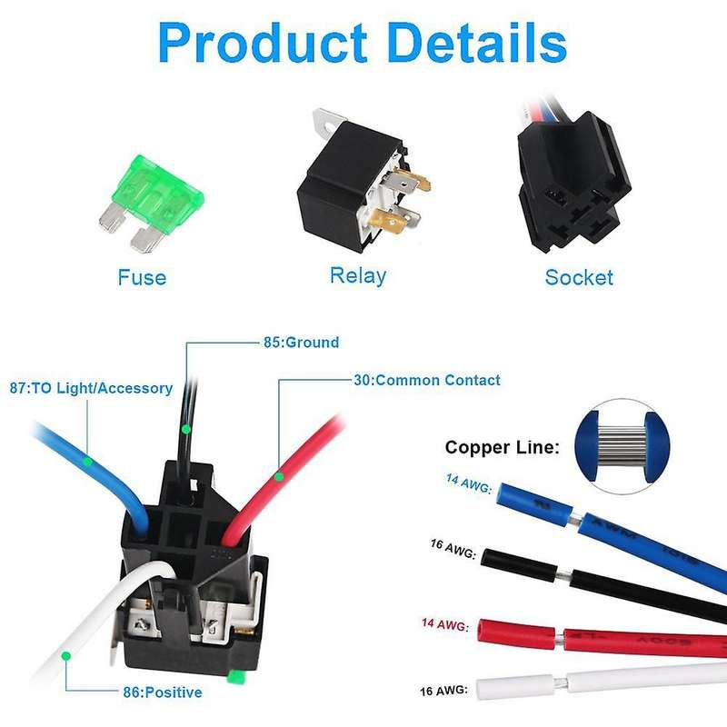 6 Pack 30A Fuse Relay Switch Harness Set 14 AWG Hot Wires- 4-Pin 12V DC SPST Automotive Relay