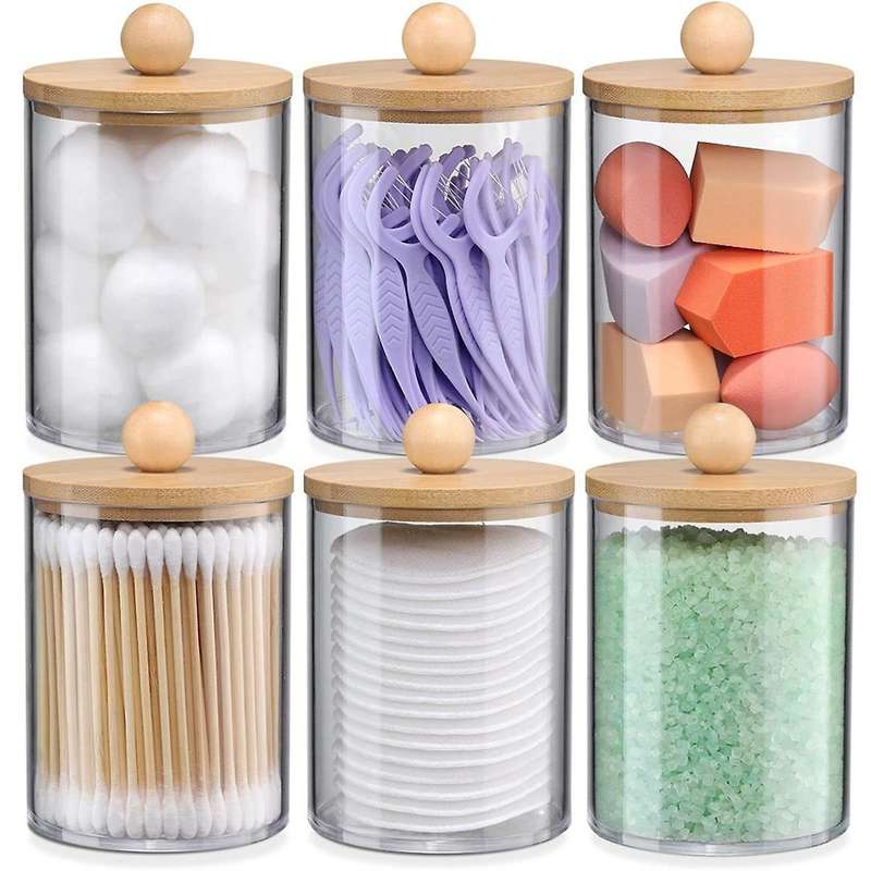 6 Pack Holder Dispenser Set with Bamboo Lids, Bathroom Canister Accessories, Storage Organizer, Clea