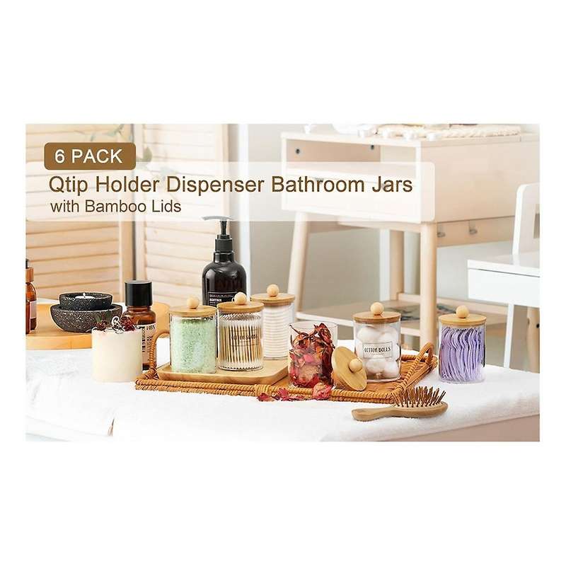 6 Pack Holder Dispenser Set with Bamboo Lids, Bathroom Canister Accessories, Storage Organizer, Clea