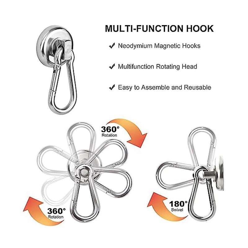 6 Pack Magnetic Hooks,heavy Duty Neodymium Magnetic Hooks with Swivel Carabiner Hook,silver