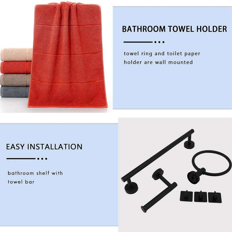 6 PCS Bathroom Hardware Set,Black Stainless Steel Bathroom Accessories Towel Rack Set Wall Mounted B