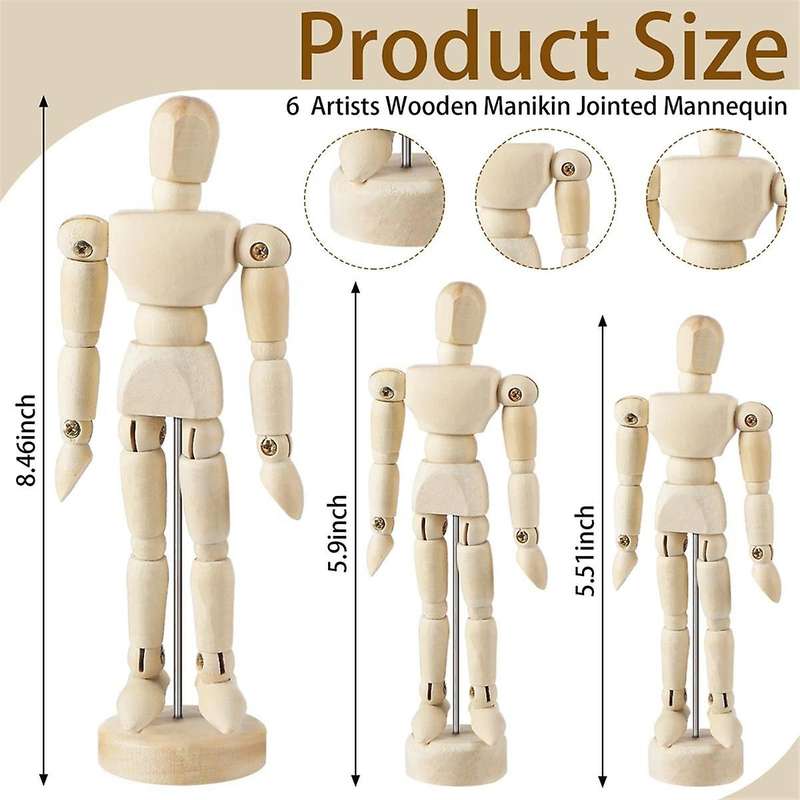 6 Pcs Artist Mannequin Model Wooden Manikin Drawing Moveable Figure Model with Stand Flexible Jointe