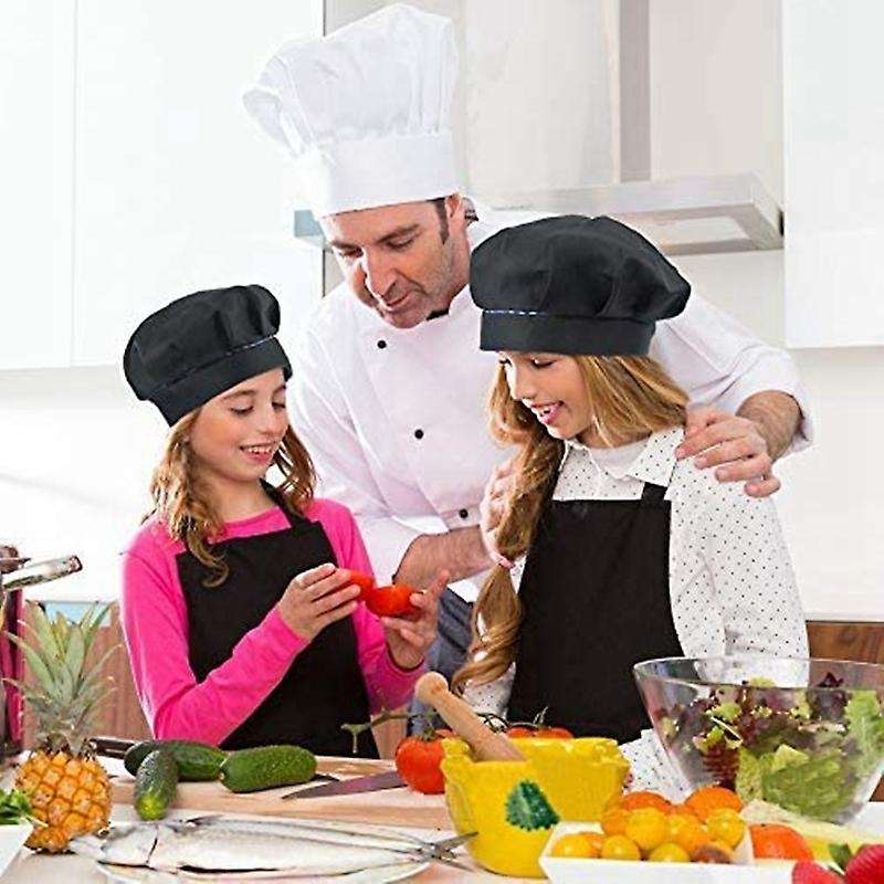 6 Pcs Kids Aprons and Hats Set Children Chef Aprons for Cooking Baking Painting Aprons White + Blac
