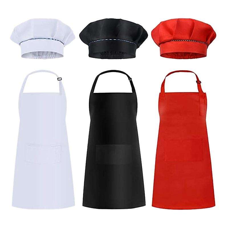 6 Pcs Kids Aprons and Hats Set Children Chef Aprons for Cooking Baking Painting Aprons White + Blac