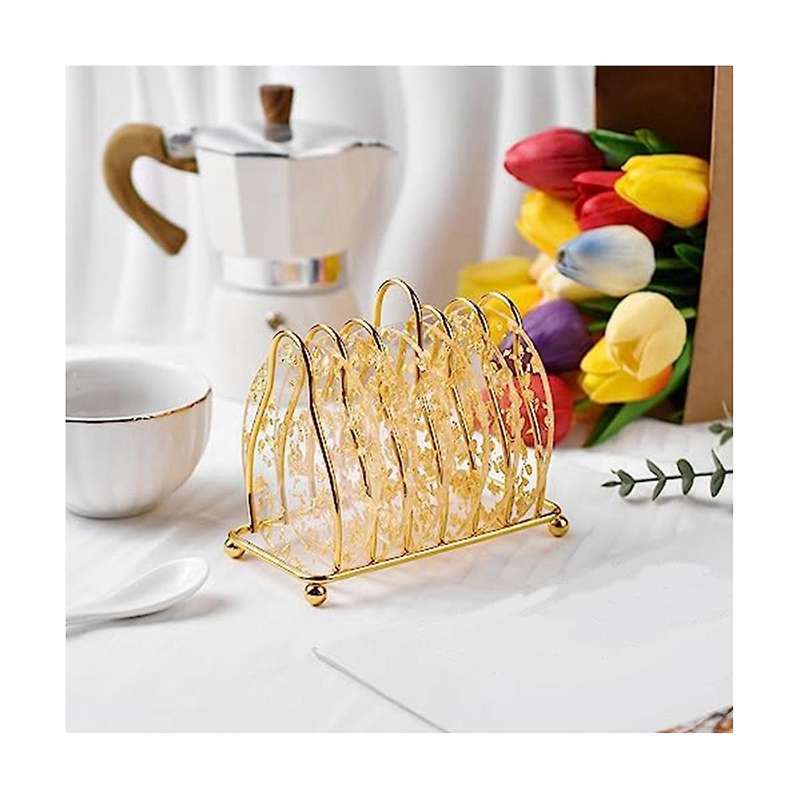 6 Pcs Gold Foil Acrylic Coasters with Holder,coaster Set for Tabletop Protection Bar Home Kitchen De