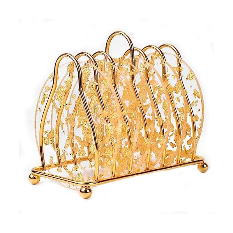 6 Pcs Gold Foil Acrylic Coasters with Holder,coaster Set for Tabletop Protection Bar Home Kitchen De