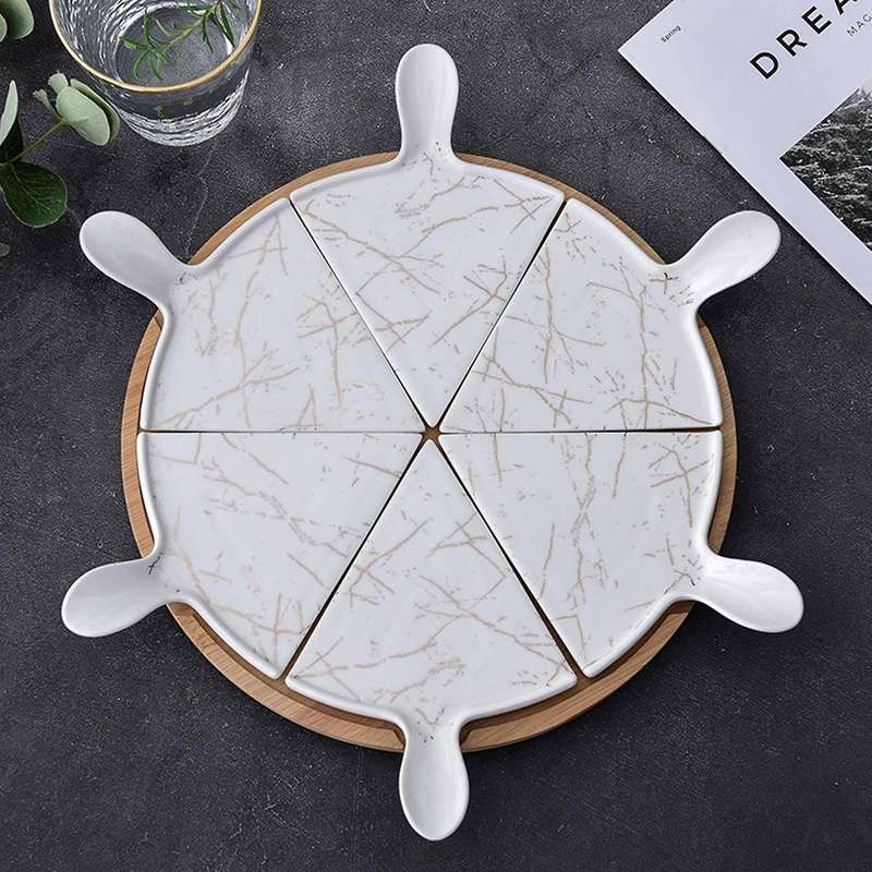 6 PCS Luxury Ceramic Pizza Tray with Rotating Base Household Round Cake Dessert Flat Plate Hotel Tab