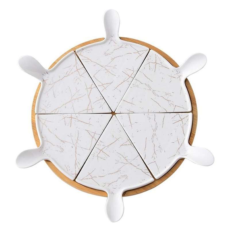 6 PCS Luxury Ceramic Pizza Tray with Rotating Base Household Round Cake Dessert Flat Plate Hotel Tab