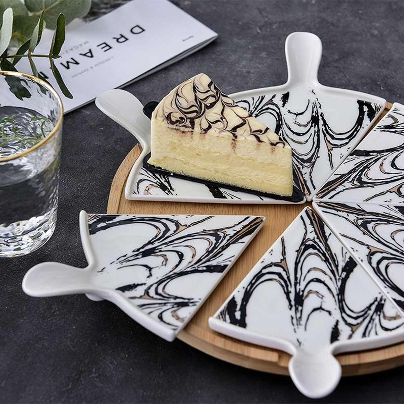 6 PCS Luxury Ceramic Pizza Tray with Rotating Base Household Round Cake Dessert Flat Plate Hotel Tab
