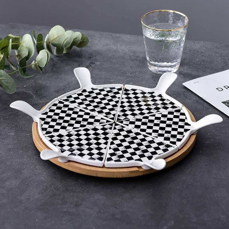 6 PCS Luxury Ceramic Pizza Tray with Rotating Base Household Round Cake Dessert Flat Plate Hotel Tab
