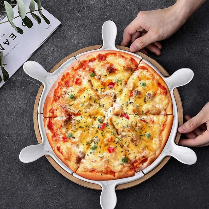 6 PCS Luxury Ceramic Pizza Tray with Rotating Base Household Round Cake Dessert Flat Plate Hotel Tab