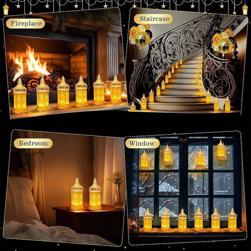 6 Pcs Ramadan Candle Lantern Lights, 6.1 Inch Gold Mini Lantern Lights , Mubarak Hanging Lanterns De