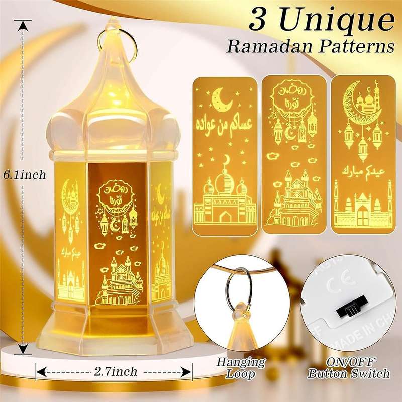 6 Pcs Ramadan Candle Lantern Lights, 6.1 Inch Gold Mini Lantern Lights , Mubarak Hanging Lanterns De