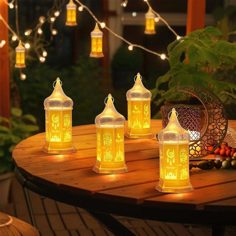 6 Pcs Ramadan Candle Lantern Lights, 6.1 Inch Gold Mini Lantern Lights , Mubarak Hanging Lanterns De