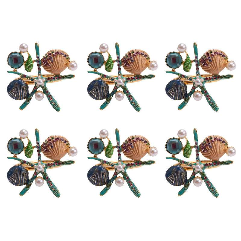6 Pcs Starfish Napkin Rings,pearl Rhinestone Ocean Coastal Nautical Napkin Ring Holders Napkin Buck