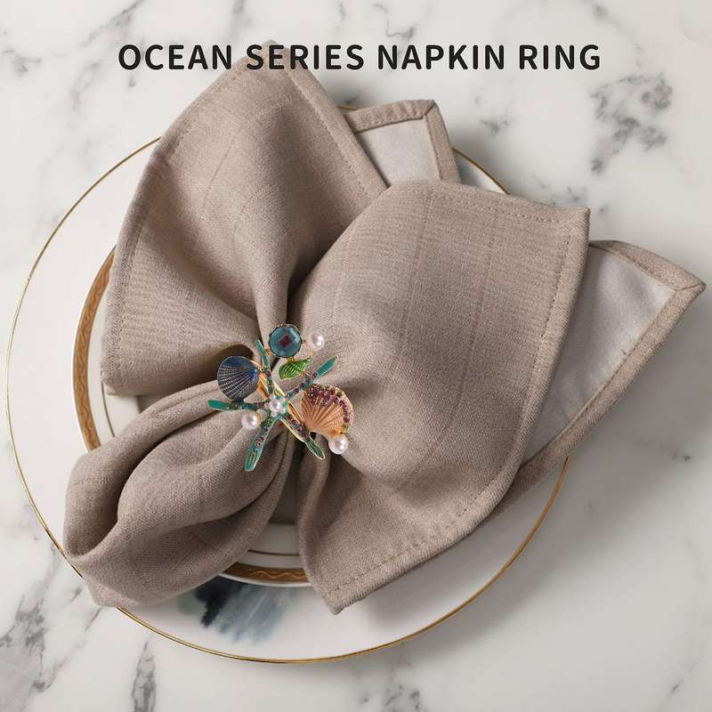 6 Pcs Starfish Napkin Rings,pearl Rhinestone Ocean Coastal Nautical Napkin Ring Holders Napkin Buck
