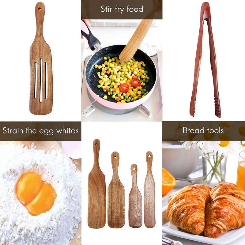 6 Pcs Wooden Spurtle Set, Teak Spurtle Set Heat Resistant Wooden Spatula Cooking Utensils Set Non-St