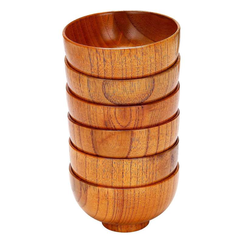 6 Pcs Wood Bowls Serving Tableware for Rice, Soup, Dip, Coffee, Tea, Decoration Wooden Salad Bowl Ki