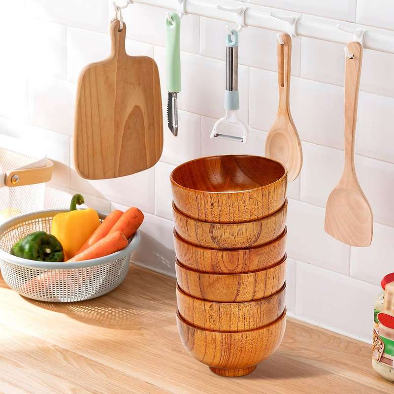6 Pcs Wood Bowls Serving Tableware for Rice, Soup, Dip, Coffee, Tea, Decoration Wooden Salad Bowl Ki
