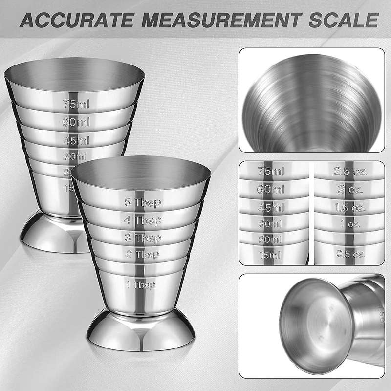 6 Pieces Measuring Cups Stainless Steel Jiggers 2.5 ,75 Ml,5 Tbsp Drink Jiggers for Bartender Baker