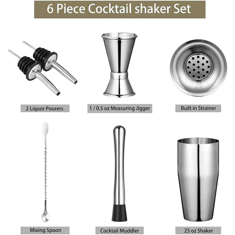 6 Pieces/set Cocktail Shaker, 25 Oz Martini Shaker, Stainless Steel Drink Shaker, Bar Set, Bartende