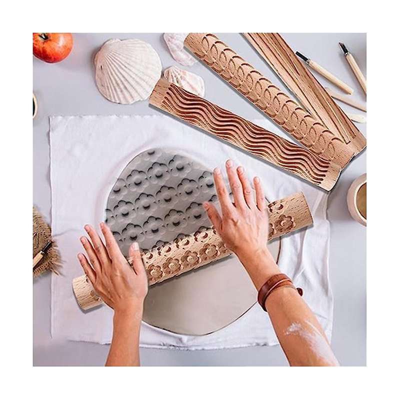 6 Wood Clay Modeling Pattern Rollers Kit, Clay Rolling Pin Textured Hand Roller Wooden Handle Potter