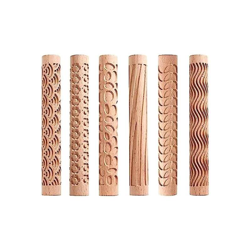 6 Wood Clay Modeling Pattern Rollers Kit, Clay Rolling Pin Textured Hand Roller Wooden Handle Potter