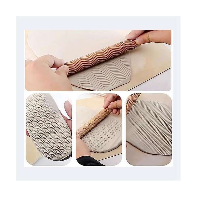 6 Wood Clay Modeling Pattern Rollers Kit, Clay Rolling Pin Textured Hand Roller Wooden Handle Potter