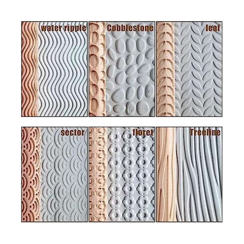 6 Wood Clay Modeling Pattern Rollers Kit, Clay Rolling Pin Textured Hand Roller Wooden Handle Potter