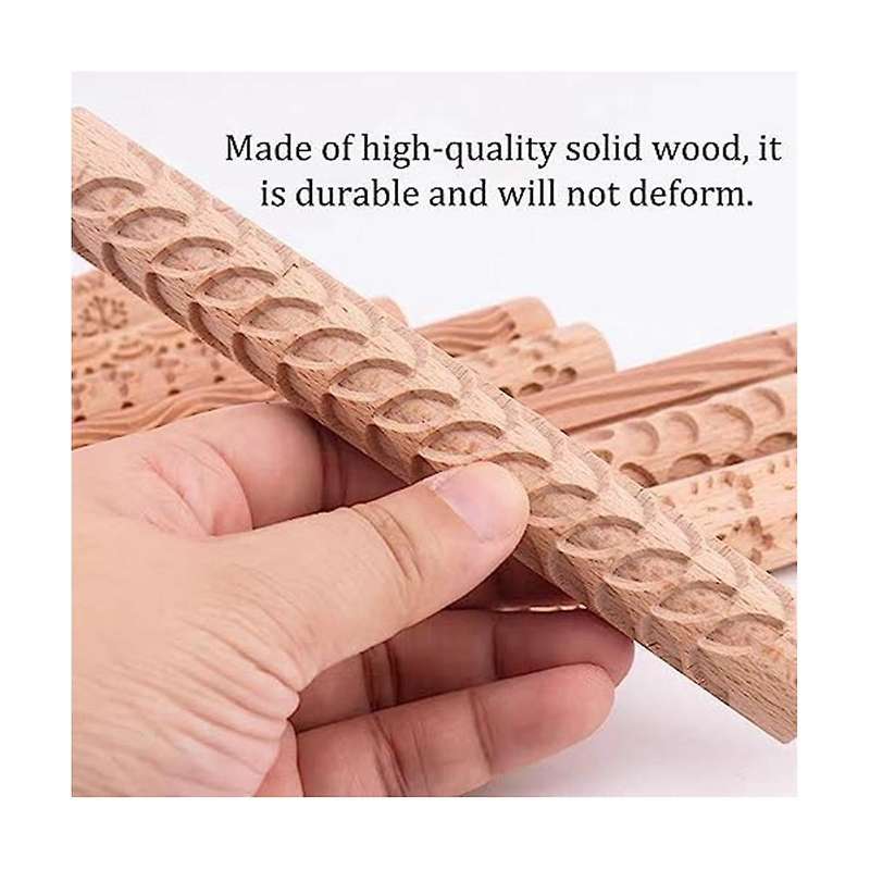 6 Wood Clay Modeling Pattern Rollers Kit, Clay Rolling Pin Textured Hand Roller Wooden Handle Potter