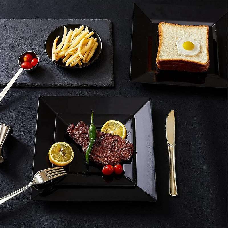 6.5 Inch Disposable Appetizer Plates - Black Plastic Dessert Plates - Elegant Design for Weddings