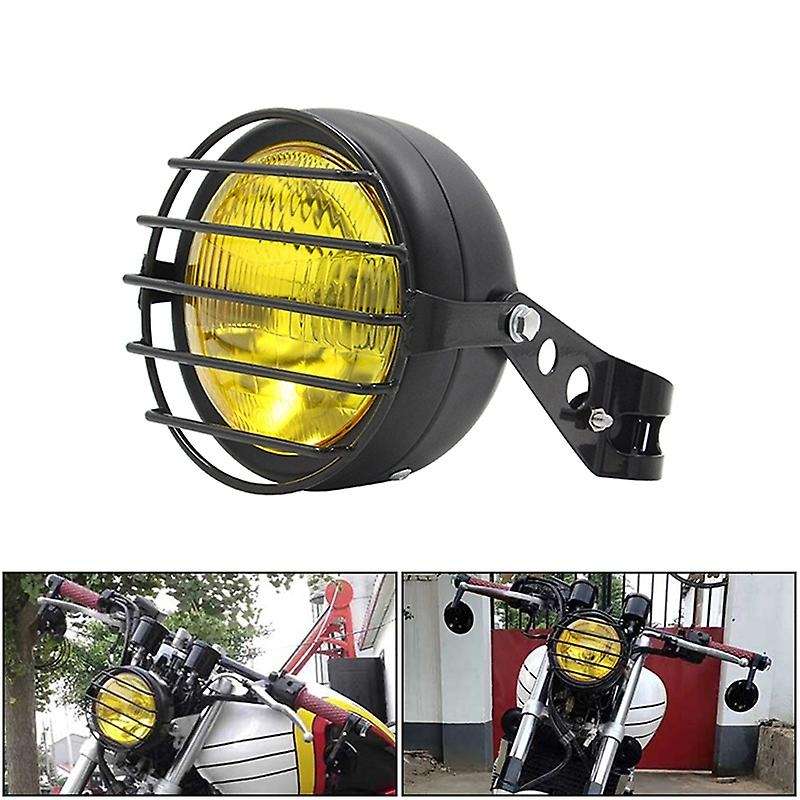 6.5Inch Retro Motorcycle Amber Headlight Grill Side Mount Cover with Bracket Cafe