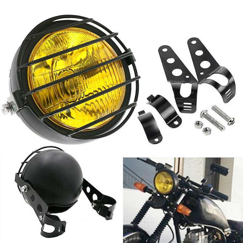 6.5Inch Retro Motorcycle Amber Headlight Grill Side Mount Cover with Bracket Cafe