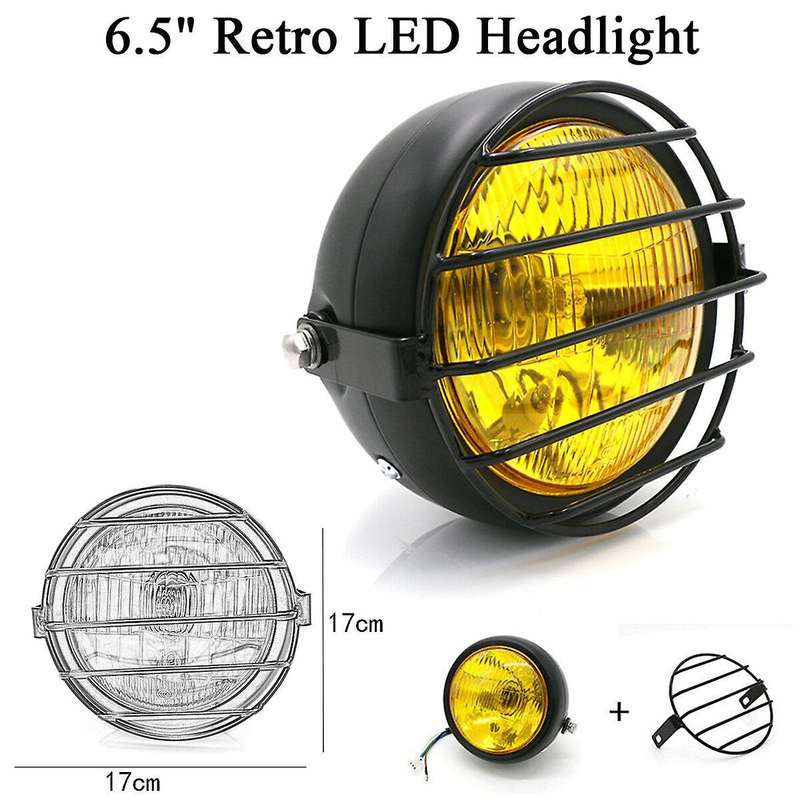6.5Inch Retro Motorcycle Amber Headlight Grill Side Mount Cover with Bracket Cafe