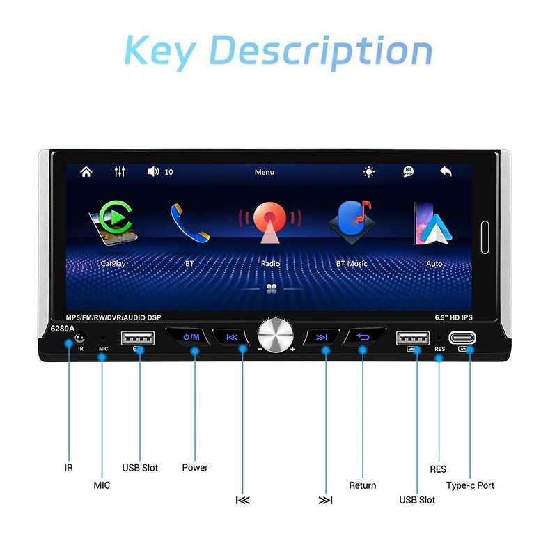6.9In Android13 Car Radio 1Din Multimedia Player 2G+64G GPS Stereo WIFI Bluetooth Carplay Android A