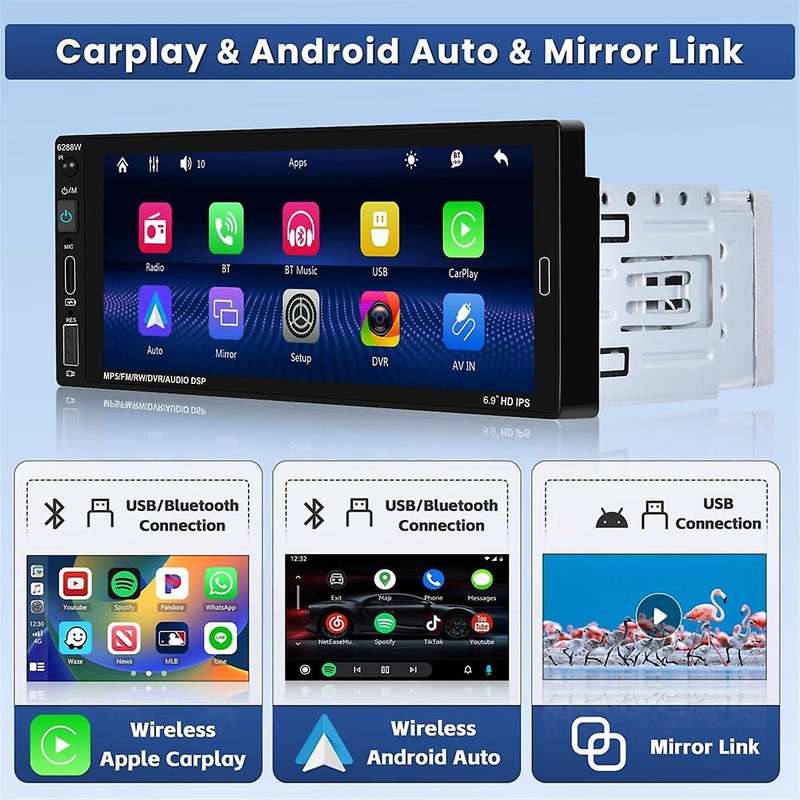 6.9 Inch Wireless Carplay Car Stereo Single Din Touchscreen Car Radio, Android Auto Bluetooth Mirror