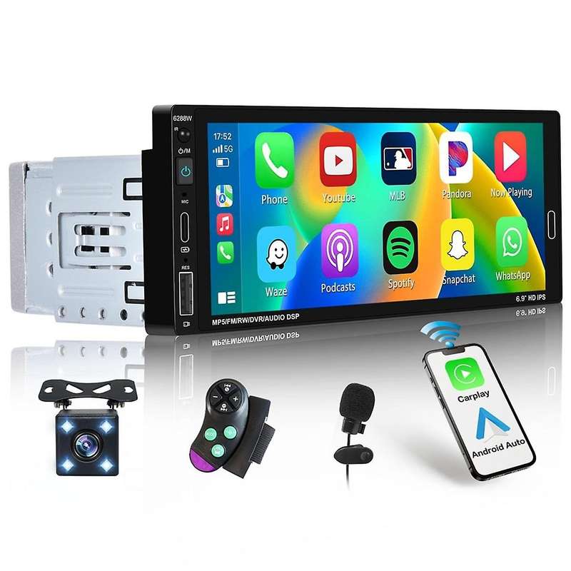 6.9 Inch Wireless Carplay Car Stereo Single Din Touchscreen Car Radio, Android Auto Bluetooth Mirror