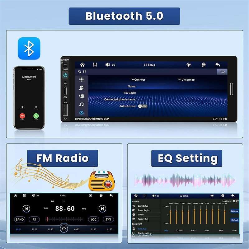6.9 Inch Wireless Carplay Car Stereo Single Din Touchscreen Car Radio, Android Auto Bluetooth Mirror