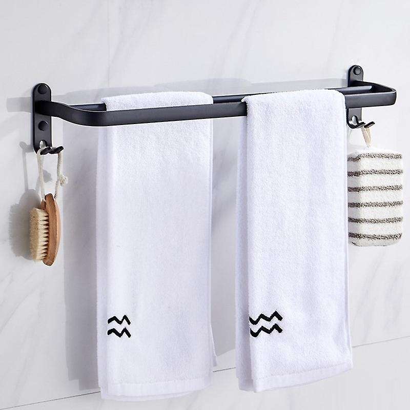60 cm Wall Mount Black Towel Rack Aluminum Double Rod Towel Bar with Hook for Home Hotel Bathroom S