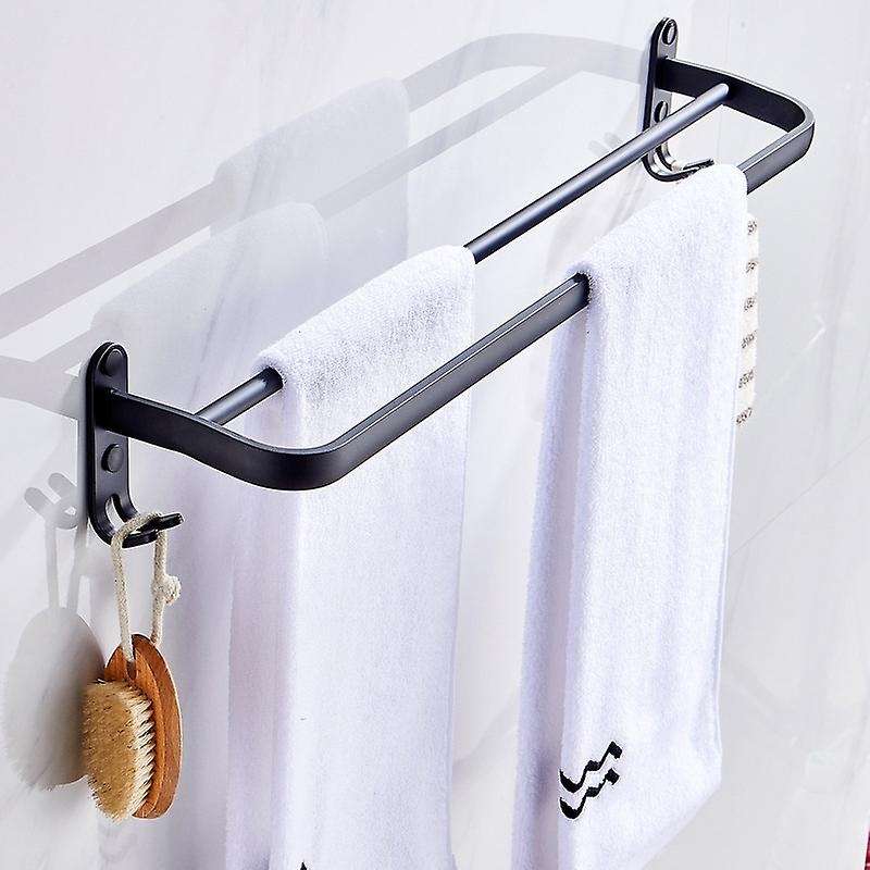 60 cm Wall Mount Black Towel Rack Aluminum Double Rod Towel Bar with Hook for Home Hotel Bathroom S