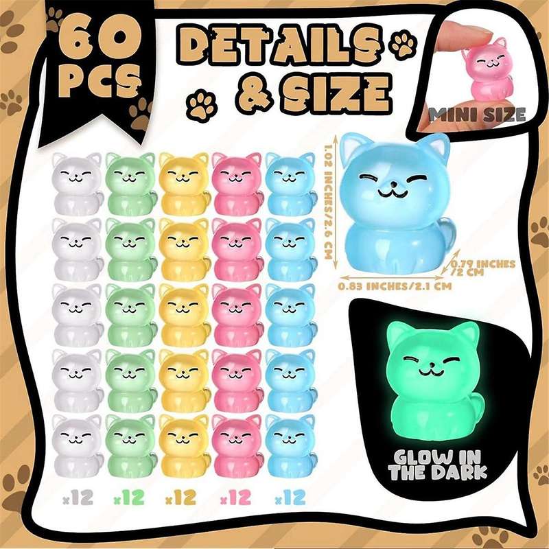 60 Pcs Luminous Miniature Cat Figurines Resin Cute Small Cat Figures Glow In The Dark Mini Resin Ani