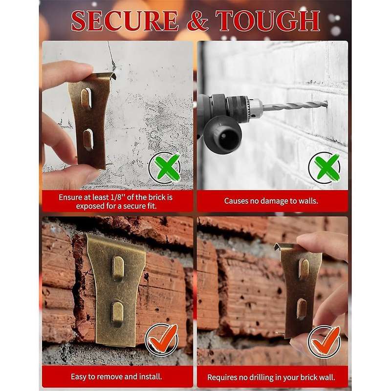 60pcs Brick Wall Clips for Hanging Outdoors Hooks Wall Siding Hooks, No Drill Fits Bricks 2 1/4 Inch